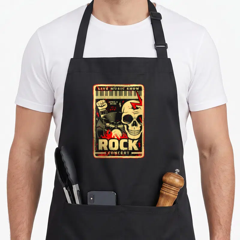 Tablier de cuisine noir avec illustration vintage rock concert crâne et claviers musicaux