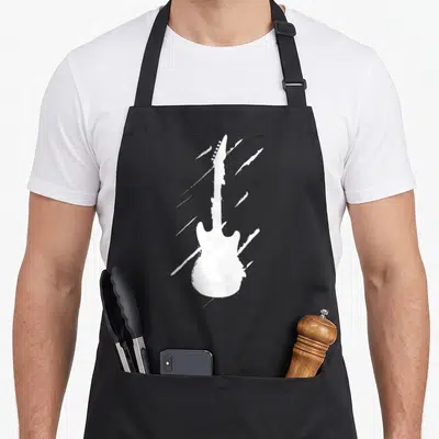 Tablier de cuisine noir avec silhouette blanche de guitare électrique et traits diagonaux expressifs.