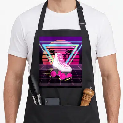 Tablier de cuisine noir avec un patin à roulettes blanc et rose sur fond vaporware néon des années 80.