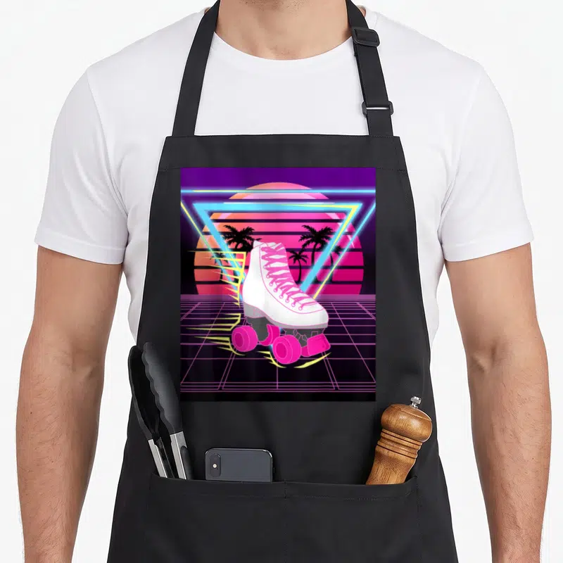 Tablier de cuisine noir avec un patin à roulettes blanc et rose sur fond vaporware néon des années 80.