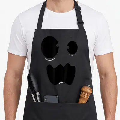 Tablier de cuisine noir avec visage de goule stylisé aux grands yeux noirs et une bouche ondulée blanche sur fond sombre.