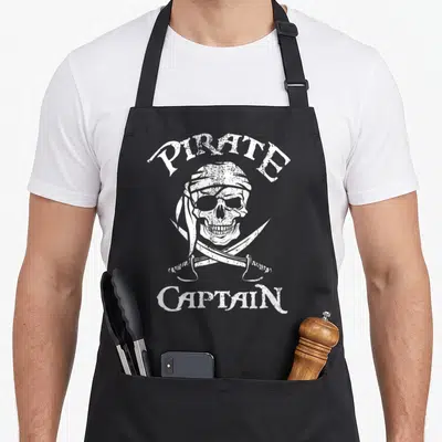 Tablier de cuisine noir avec illustration blanche d'un crâne de capitaine pirate coiffé d'une bandeau et de deux sabres croisés sous le visage.