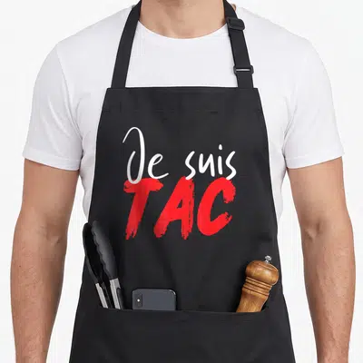Tablier de cuisine noir avec l'inscription « Je suis TAC » en lettres rouges et blanches stylisées.