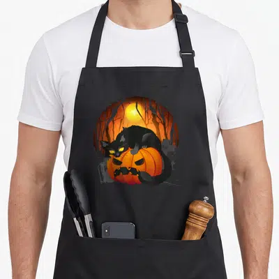 Tablier de cuisine noir avec un chat noir aux yeux jaunes posé sur une citrouille orange dans un cimetière sous une pleine lune.