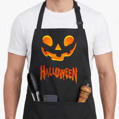 Tablier de cuisine noir avec une citrouille effrayante et le mot Halloween en lettres orange qui dégouttent.