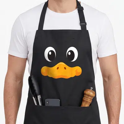 Tablier de cuisine noir avec grand visage de canard aux yeux ronds blancs et bec orange vif au centre.
