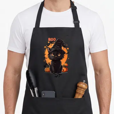 Tablier de cuisine noir avec un chat noir en chapeau de sorcière entouré de citrouilles et de chauves-souris.
