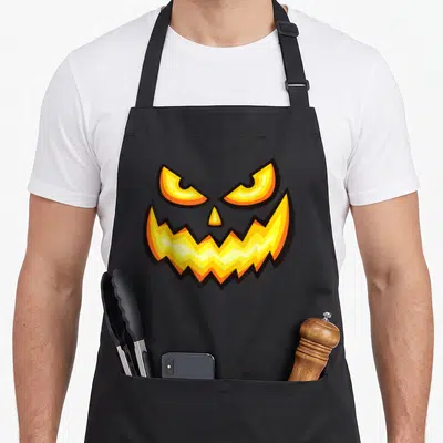Tablier de cuisine noir avec lanterne Jack O Lantern orange et jaune aux yeux menaçants