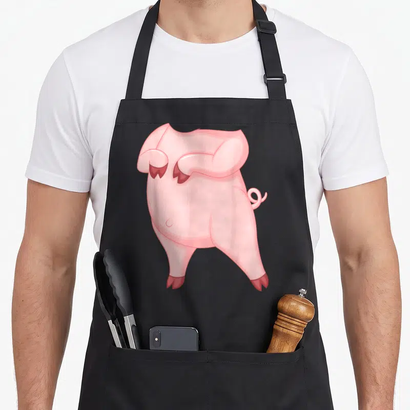 Tablier de cuisine noir avec illustration d'un cochon rose debout sur ses pattes arrière et sa queue enroulée.