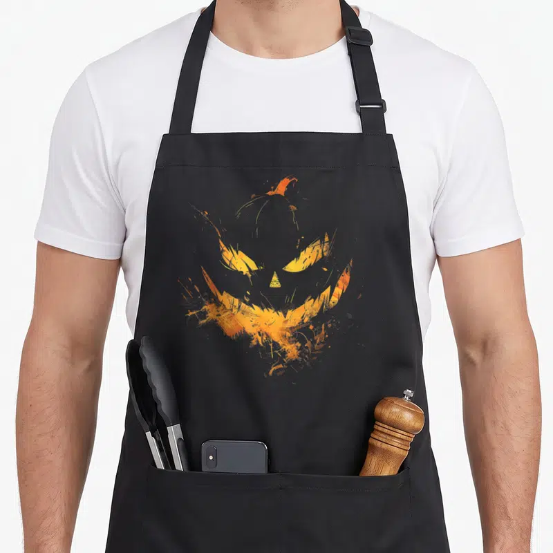 Tablier de cuisine noir avec illustration stylisée d'une citrouille effrayante aux traits fragmentés et couleur orange vif sur fond sombre.