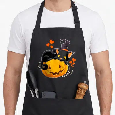 Tablier de cuisine noir avec un chat noir portant un chapeau de sorcière et enlacant une citrouille orange ornée de cœurs flottants.