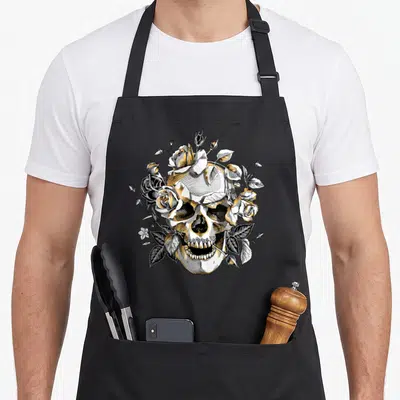Tablier de cuisine noir avec crâne orné de roses blanches noires et dorées aux détails gravés fins.