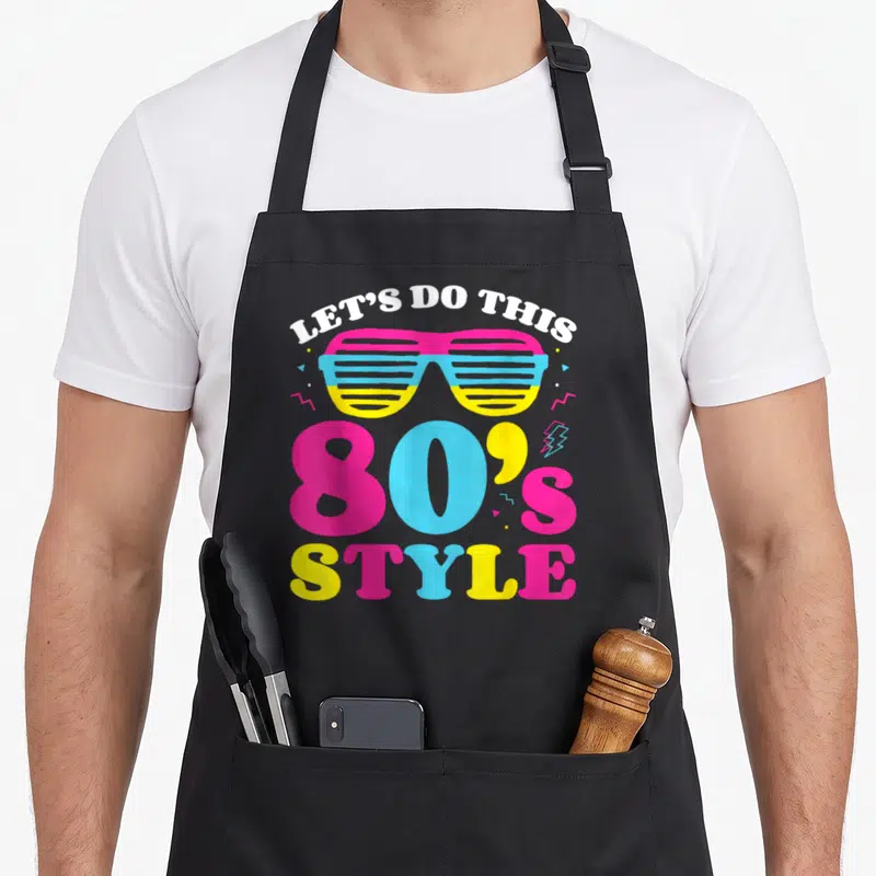 Tablier de cuisine noir avec motif 80s Style lunettes roses et éclairs jaunes bleus