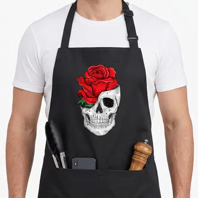 Tablier de cuisine noir avec illustration d'un crâne blanc surmonté d'une grande rose rouge à pétales détaillés et feuilles vertes.