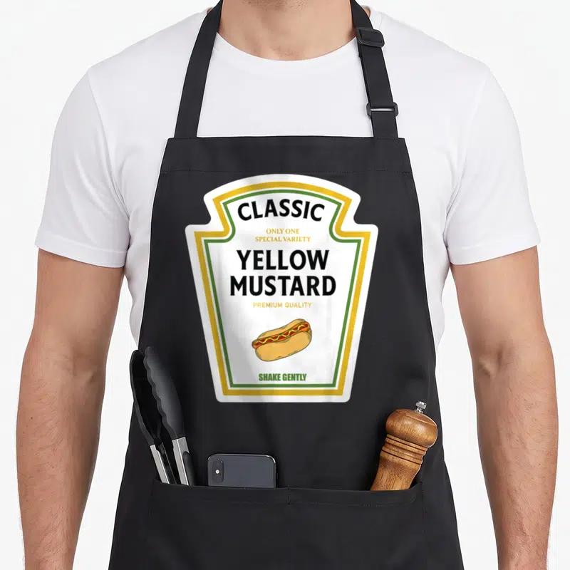 Tablier de cuisine noir avec motif étiquette moutarde jaune classique et illustration de hot-dog.