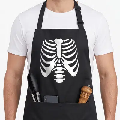 Tablier de cuisine noir avec motif blanc cage thoracique squelette stylisé au centre.