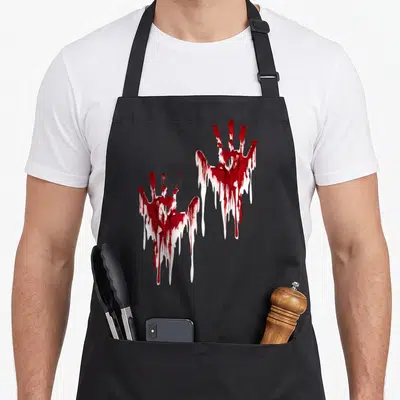 Tablier de cuisine noir avec deux empreintes de mains rouges et blanches imitant du sang qui coule.