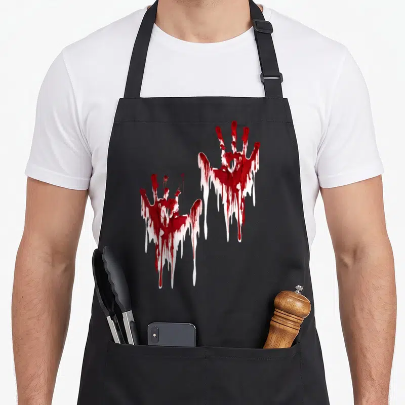 Tablier de cuisine noir avec deux empreintes de mains rouges et blanches imitant du sang qui coule.