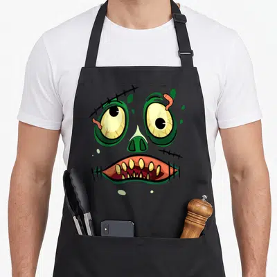 Tablier de cuisine noir avec visage de zombie cartoon aux yeux verts exorbités et bouche stitched.