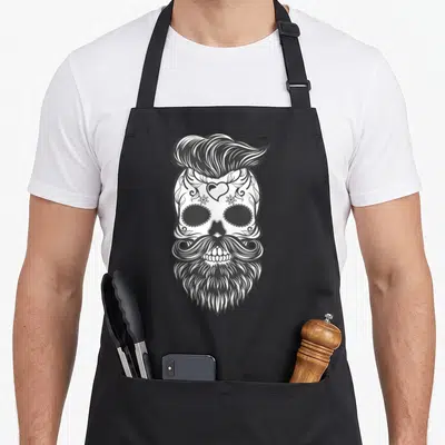 Tablier de cuisine noir avec illustration crâne barbu coiffure volumineuse et cœur sur le front.