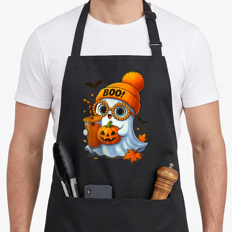 Tablier de cuisine noir avec un fantôme mün en bonnet orange tenant une citrouille et une boisson à la paille.