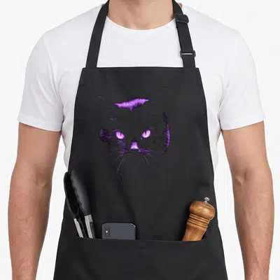 Tablier de cuisine noir avec illustration tête de chat violet aux yeux brillants et style croquis sombre.