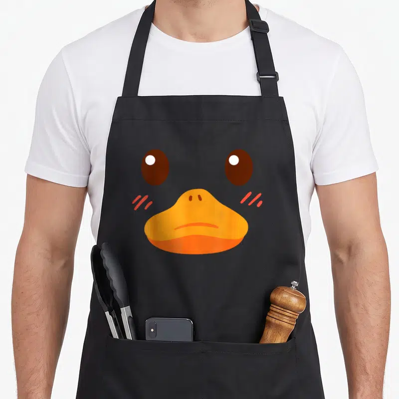 Tablier de cuisine noir avec illustration de visage de canard aux yeux ronds et joues roses.