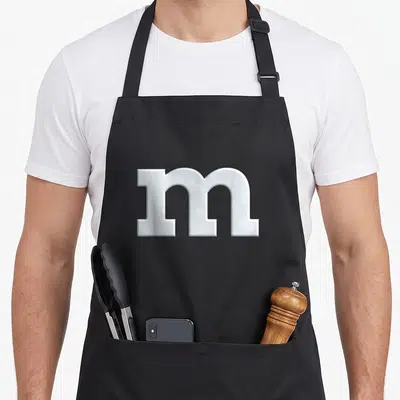 Tablier de cuisine noir avec une grande lettre m blanche stylisée en relief au centre du devant.