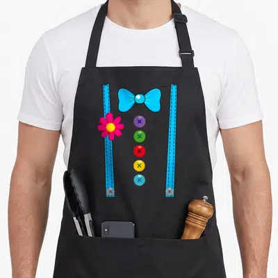 Tablier de cuisine noir avec illustration de nœud papillon bleu, fleur rose et boutons colorés style clown cirque.