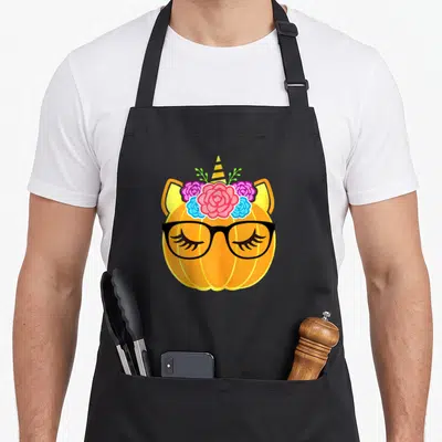 Tablier de cuisine noir avec une citrouille licorne aux lunettes et à la couronne de fleurs colorées sur le devant.