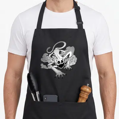 Tablier de cuisine noir avec illustration monochrome d'un chat fantastique nommé CatNap entouré de nuages de fumée ondulants.