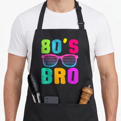 Tablier de cuisine noir avec motif 80's Bro lunettes colorées style années 80
