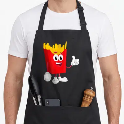 Tablier de cuisine noir avec illustration colorée d'une boîte de frites souriante faisant un signe positif.