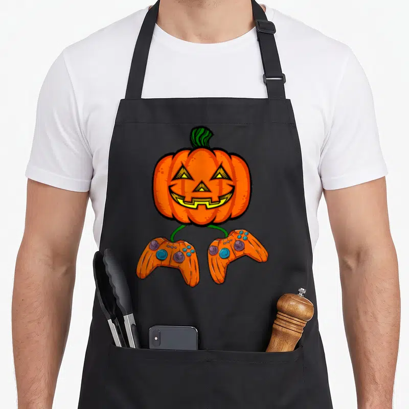Tablier de cuisine noir avec une citrouille Halloween aux pieds en forme de manettes de jeu vidéo orange.