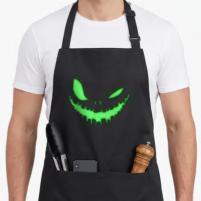 Tablier de cuisine noir orné d'un visage effrayant aux yeux verts phosphorescents et à la bouche dentelée.