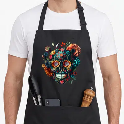 Tablier de cuisine noir avec crâne mexicain coloré orné de fleurs et de feuilles stylisées.