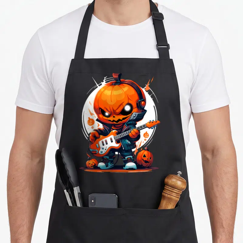 Tablier de cuisine noir avec citrouille rock dj casque et guitare électrique orange illustration festive Halloween.
