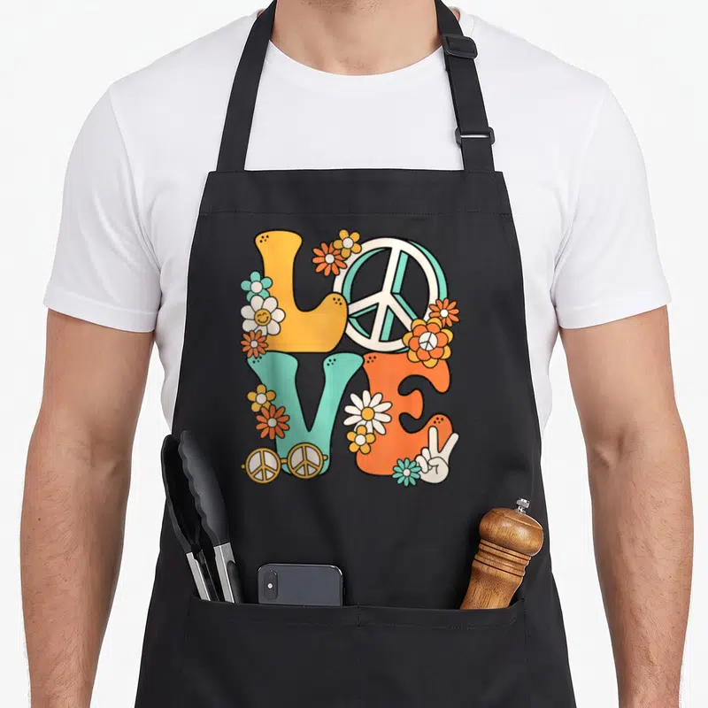 Tablier de cuisine noir avec illustration Love 60's 70's Party Costume colorée et style hippie rétro.