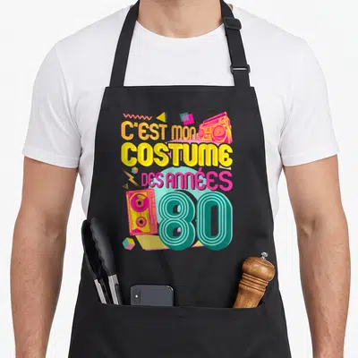 Tablier de cuisine noir avec illustration rétro colorée et texte C'est mon costume des années 80.