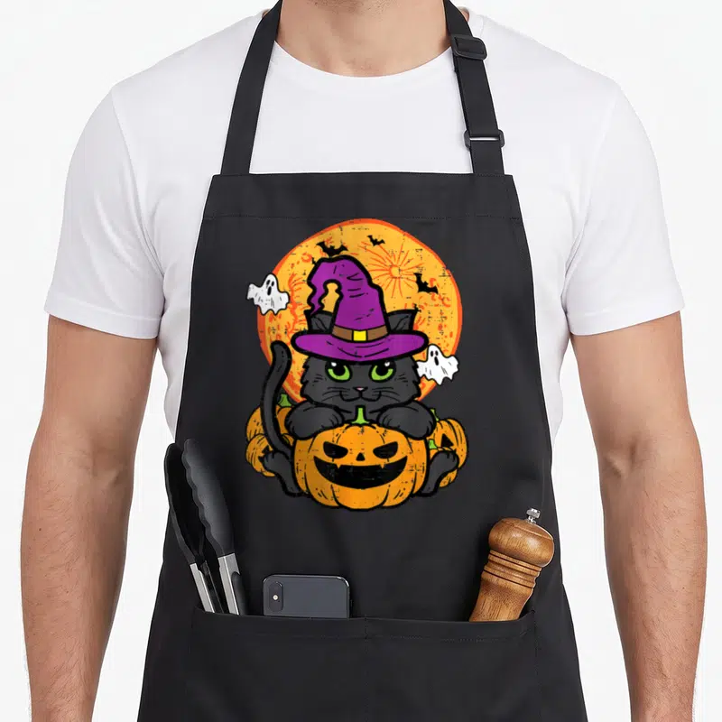 Tablier de cuisine noir avec illustration d'un chat sorcière sur une citrouille orange et des fantômes blancs.