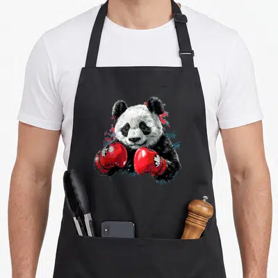 Tablier de cuisine noir orné d'un panda boxeur portant des gants rouges et bleus.