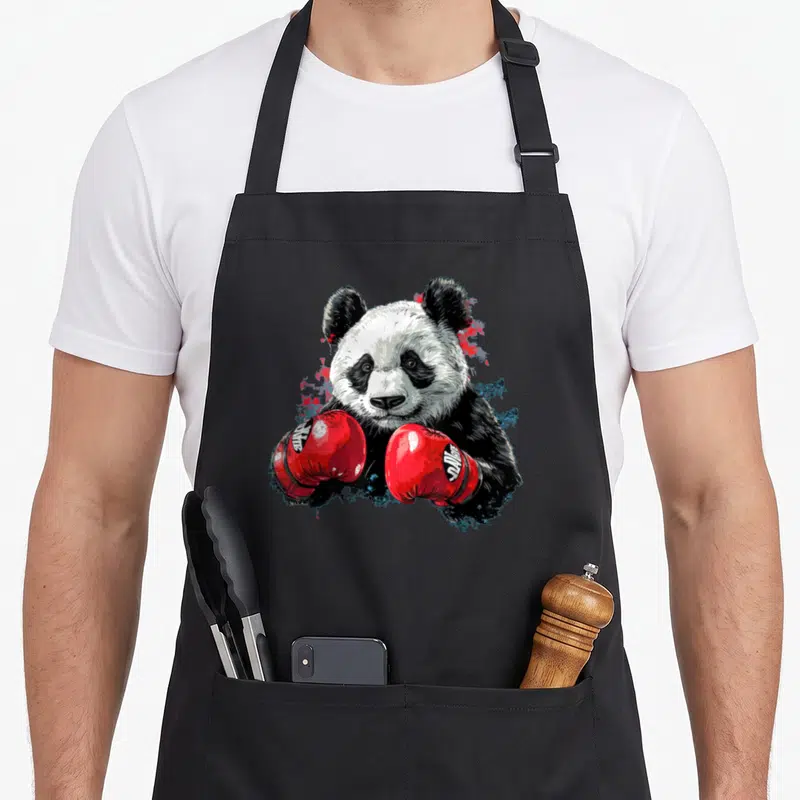 Tablier de cuisine noir orné d'un panda boxeur portant des gants rouges et bleus.