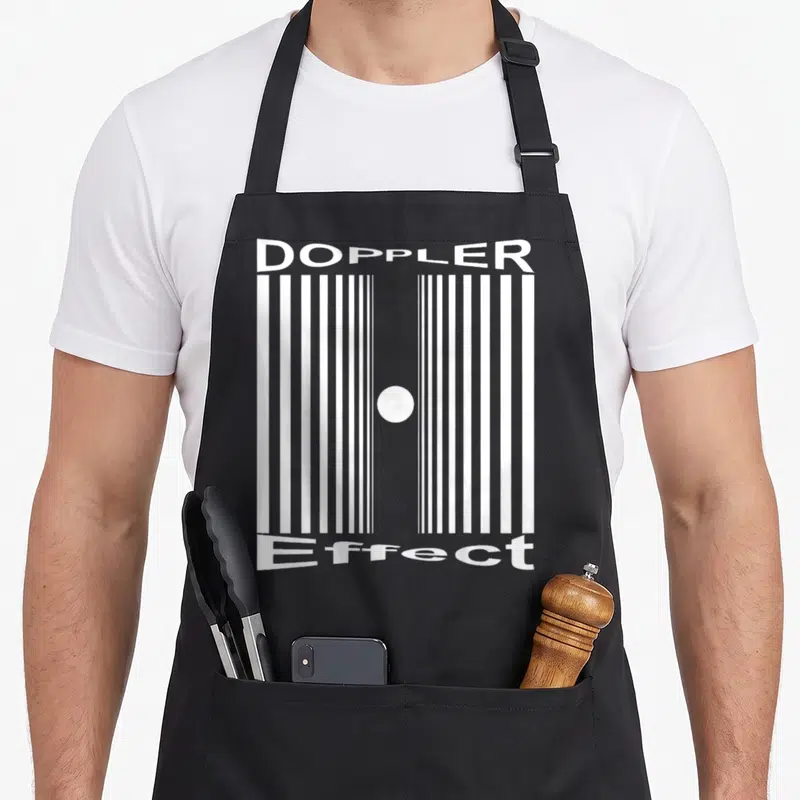 Tablier de cuisine noir avec motif optique blanc Effet Doppler et lignes verticales.