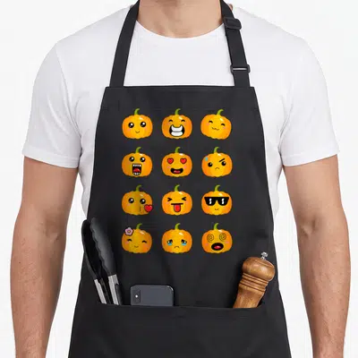 Tablier de cuisine noir avec douze citrouilles oranges aux visages expressifs et mignons imprimés au centre.
