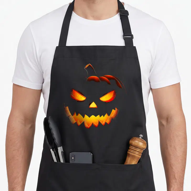 Tablier de cuisine noir avec une grande citrouille effrayante aux yeux brillants et sourire menaçant.