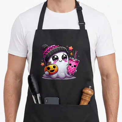 Tablier de cuisine noir avec un fantôme kawaii en bonnet rose tenant une citrouille et un gobelet à boisson.