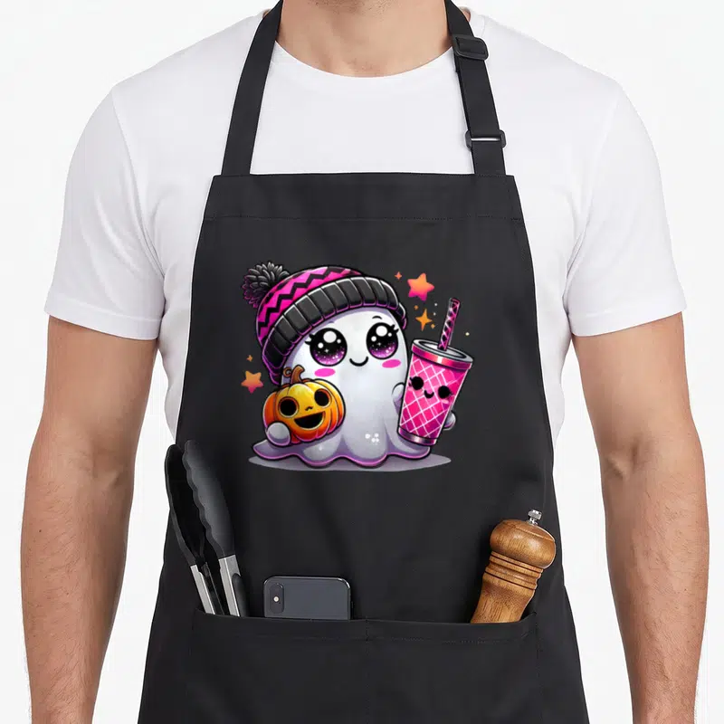 Tablier de cuisine noir avec un fantôme kawaii en bonnet rose tenant une citrouille et un gobelet à boisson.
