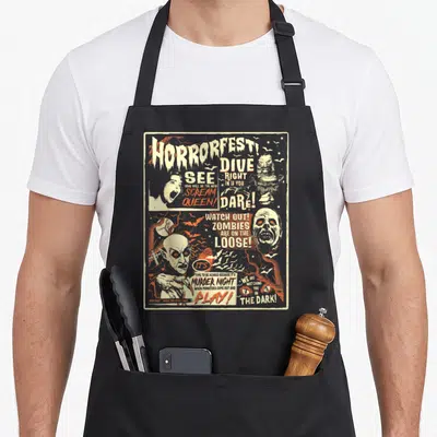 Tablier de cuisine noir avec illustration poster vintage Horrorfest montrant des monstres et des slogans d'horreur en lettres blanches et rouges.
