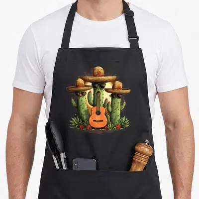 Tablier de cuisine noir avec illustration de cactuses en sombrero, lunettes noires et guitare acoustique orange.