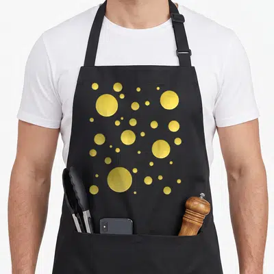 Tablier de cuisine noir avec des bulles jaunes rondes de tailles variées imitant le fromage.